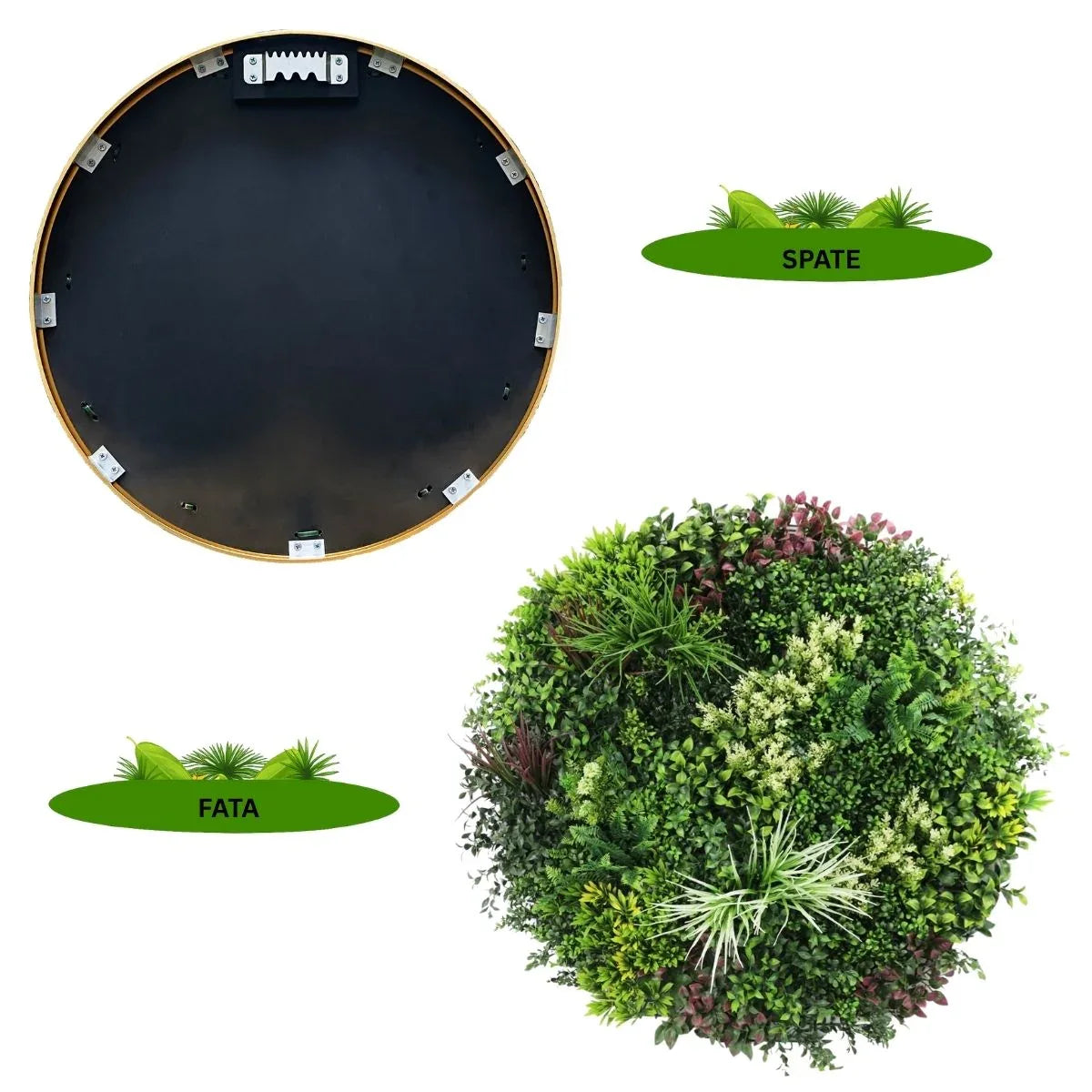 Aranjament decorativ, de perete, cu ramă din aluminiu și plante artificiale Naimeed D7453, diametru 100 cm - 221.ro