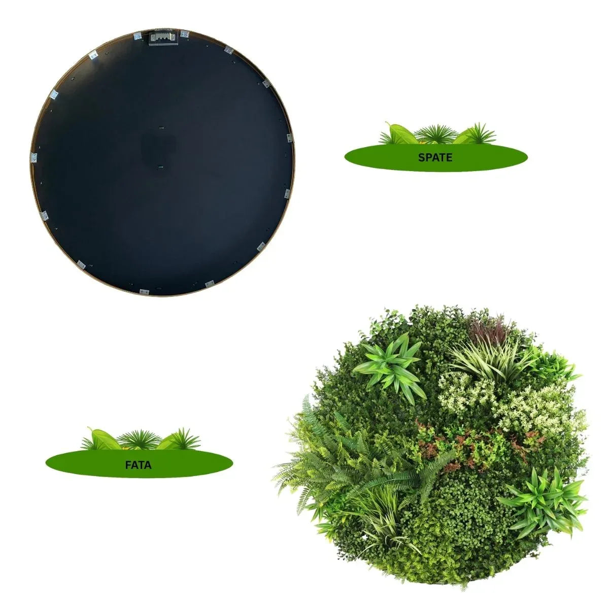 Aranjament decorativ, de perete, cu ramă din aluminiu și plante artificiale Naimeed D7463, diametru 100 cm - 221.ro