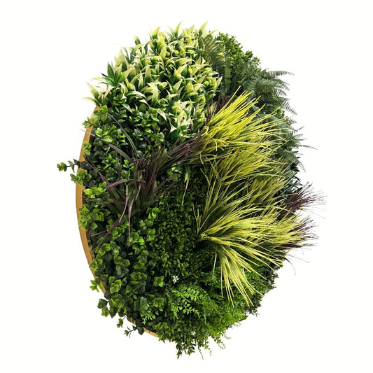 Aranjament decorativ, de perete, cu ramă din aluminiu și plante artificiale Naimeed D7464, diametru 100 cm