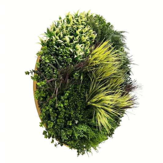 Aranjament decorativ, de perete, cu ramă din aluminiu și plante artificiale Naimeed D7464, diametru 100 cm - 221.ro