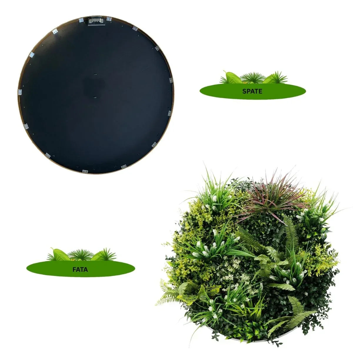 Aranjament decorativ, de perete, cu ramă din aluminiu și plante artificiale Naimeed D7466, diametru 75 cm - 221.ro
