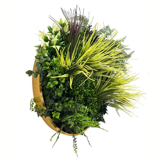 Aranjament decorativ, de perete, cu ramă din aluminiu și plante artificiale Naimeed D7467, diametru 50 cm - 221.ro