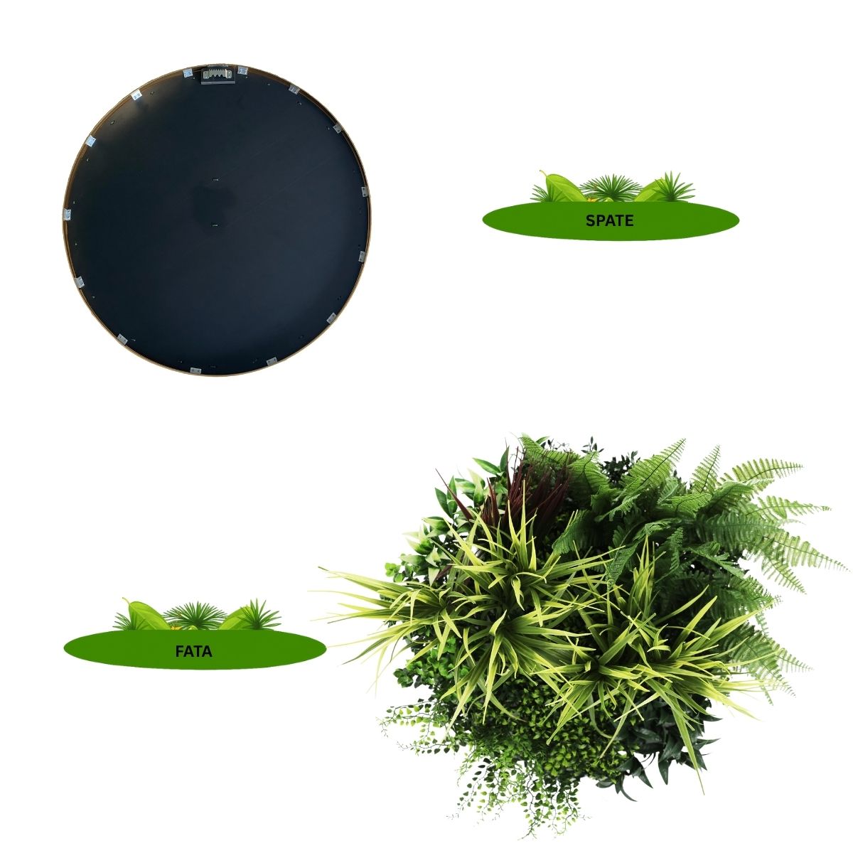 Aranjament decorativ, de perete, cu ramă din aluminiu și plante artificiale Naimeed D7467, diametru 50 cm