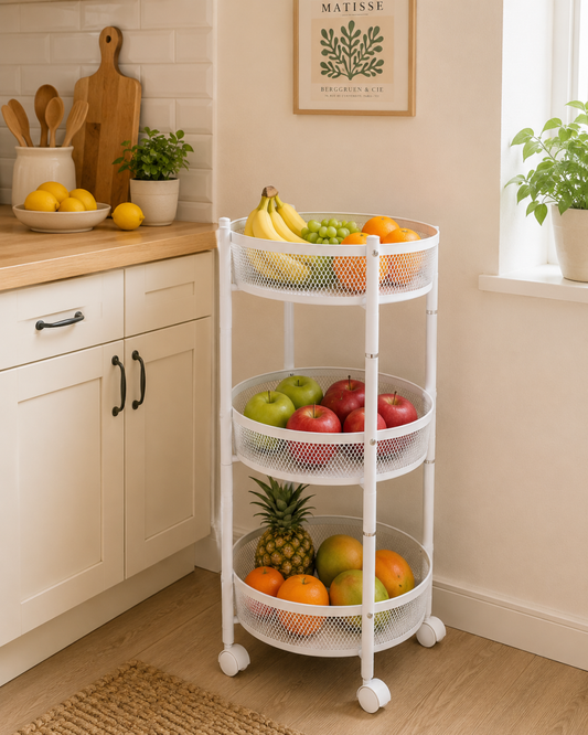 Raft Metalic Multifunctional Mobil cu 3 Niveluri si Roti, Naimeed D7718, pentru Fructe si Legume, Bucatarie, 35x35x88cm, Alb