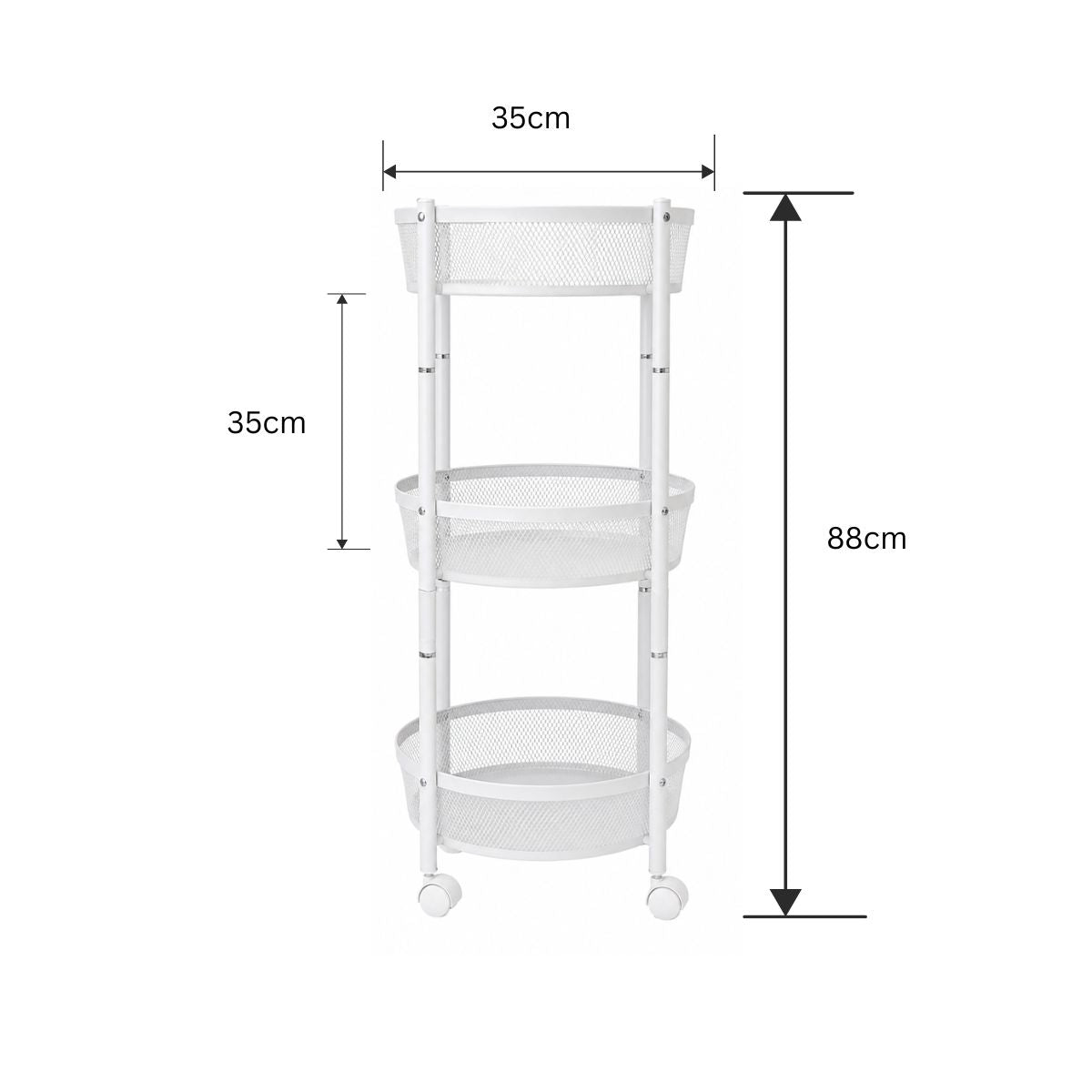Raft Metalic Multifunctional Mobil cu 3 Niveluri si Roti, Naimeed D7718, pentru Fructe si Legume, Bucatarie, 35x35x88cm, Alb