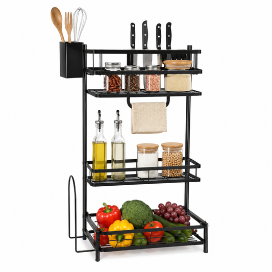 Raft Metalic Multifunctional pentru Bucatarie, Naimeed D7720, cu Suport pentru Cutite, Tacamuri si Prosoape, 33x60cm, Negru