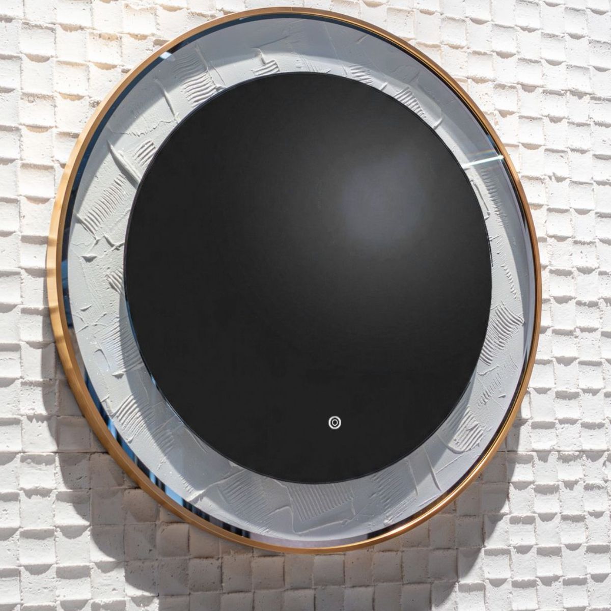 Oglinda LED de Perete, Naimeed D8000, Rama din Aluminiu Auriu, Insert Texturat, 3 Nuante de lumina, 80cm