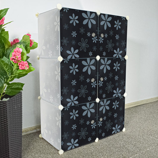 Dulap Modular DM6, model floral, 6 compartimente, 111x75x37cm, Negru/Alb