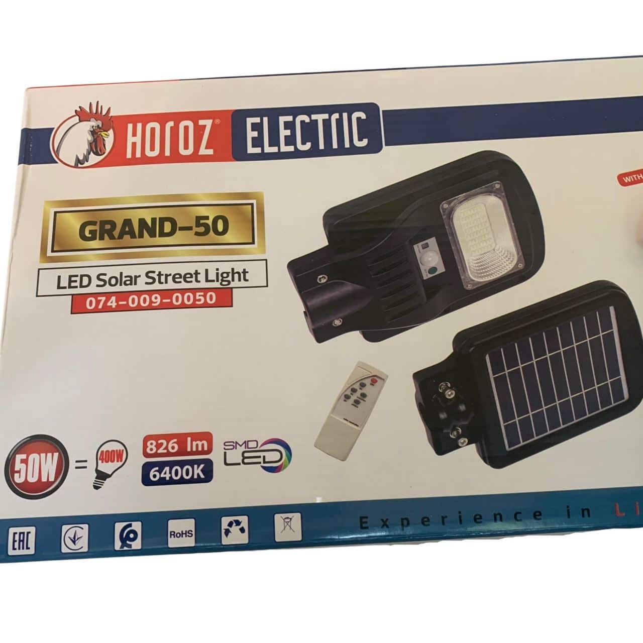 Lampa solara pentru iluminat stradal, Horoz Grand-50, 826 lm, 6400K, IP65, cu telecomanda si senzor de miscare / EXT 074-009-0050