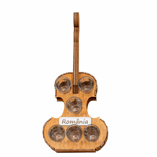 Suport forma vioara cu 6 pahare pentru tuica, 50ml, 44x19cm, maro Z-TOOLS / EXT 10470