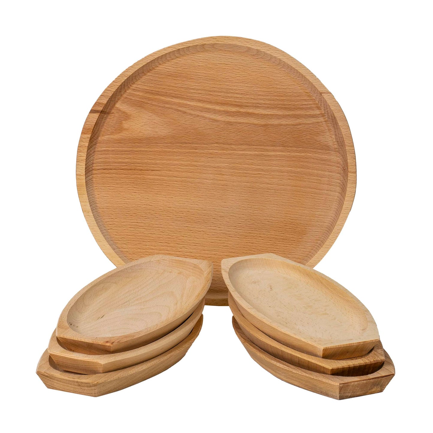 Set 6 farfurii din lemn si un platou pentru servit rotund / EXT 6082