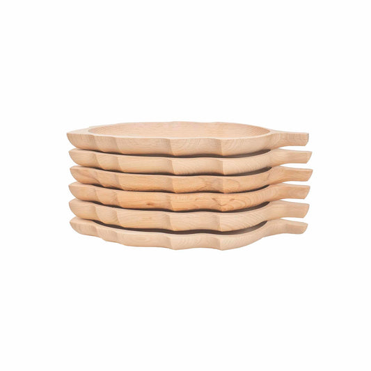 Set 6 farfurii din lemn de fag, forma frunza, 34x18cm / EXT 6179