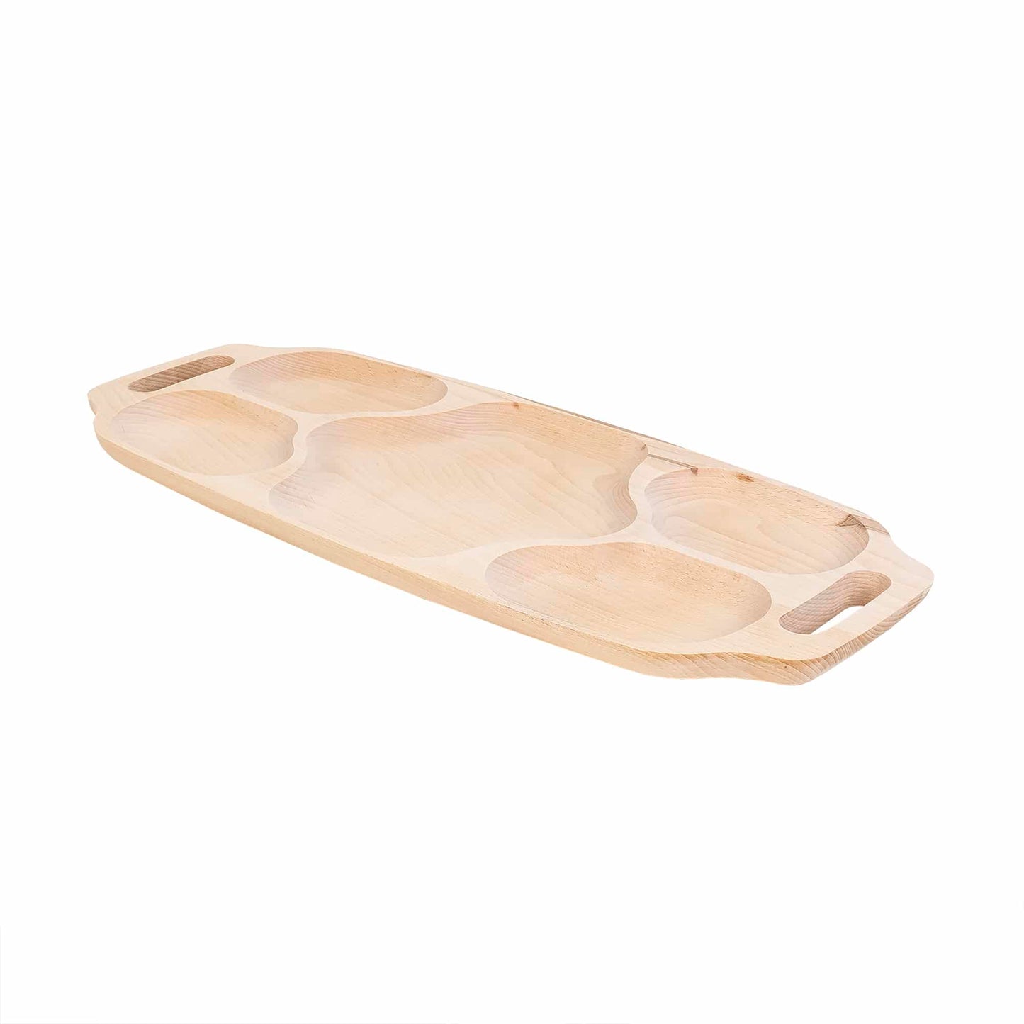 Tava asimetrica pentru servire, din lemn de fag, cu 5 compartimente si manere, 70 x 30 x 3cm / EXT 7186