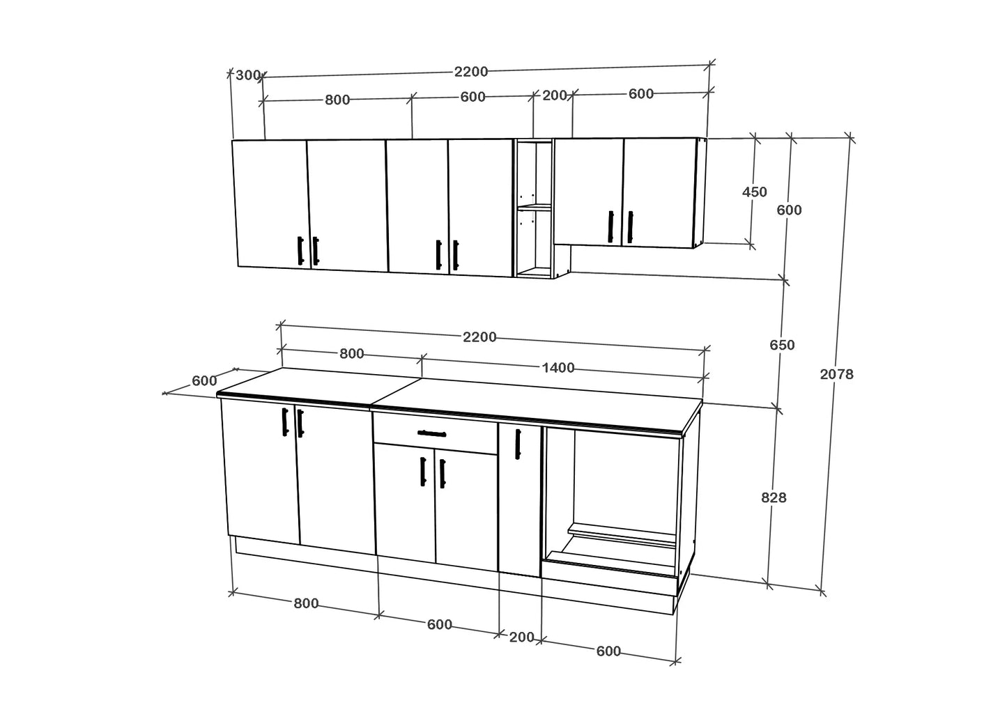 Set Bucatarie haaus Karo V14, Stejar Sonoma Inchis/Alb, Blat Thermo 28 mm, L 220 cm