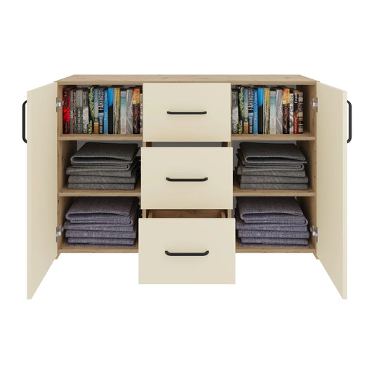 Comoda haaus Malmo, 3 Sertare, 2 Usi, Stejar Artisan/Argila, 120 x 42 x 80 cm