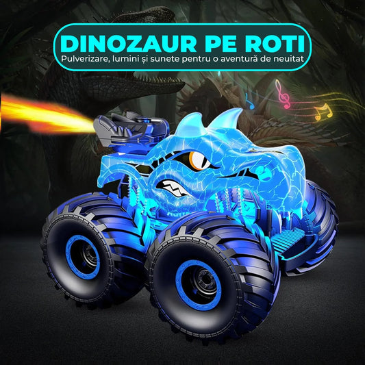 Masina cu telecomanda RC, Timebox, Dinozaur Monster Truck, 4x4, lumini LED, Pulverizare, Rotire 360°, pentru copii 3-12 ani, Albastru - 221.ro