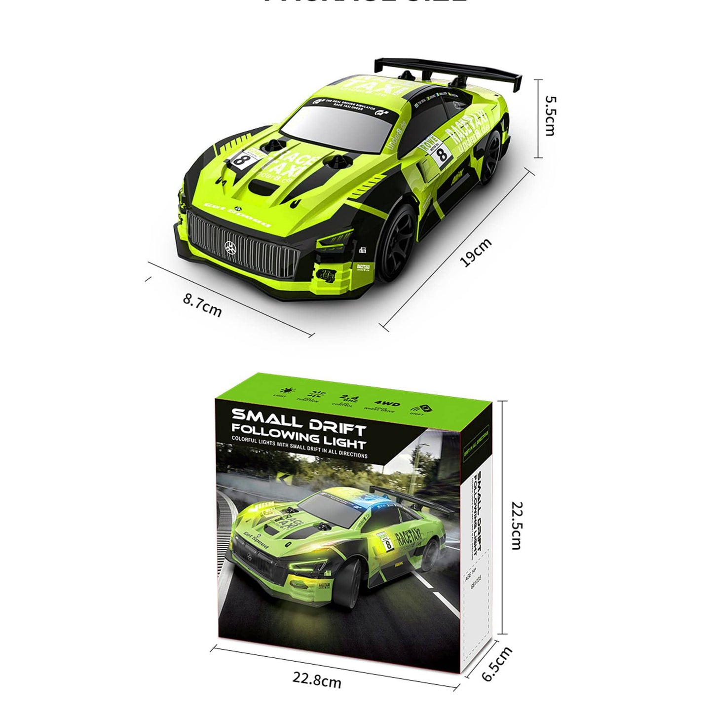 Masina cu telecomanda RC, Timebox, Drift car, 30km/h, lumini LED, cauciucuri interschimbabile, 1 baterie tip acumulator inclusa, 1:20, Pentru copii si adulti, Verde Lime