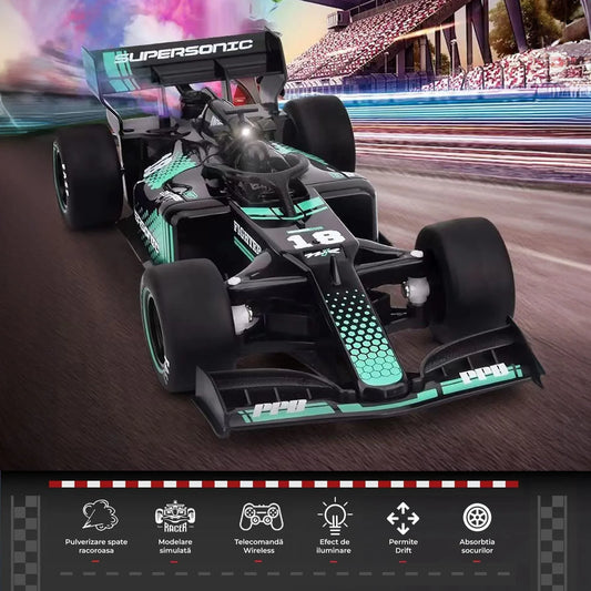 Masina cu telecomanda F1 curse RC, Timebox, Drift car, 10km/h, Lumini LED si efect pulverizare, 1:18 jucarie pentru copii 6-13 ani, Negru/Albastru - 221.ro