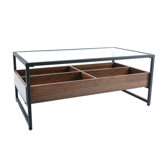 Masuta de cafea, blat din sticla, 4 compartimente, Naimeed N-175, Stejar Inchis, 100x55x42cm