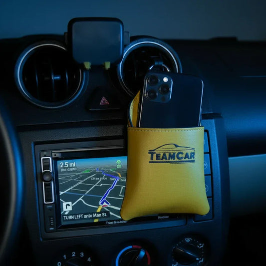 Organizator Auto Multifuncțional din Piele Galben TeamCar – Buzunar Depozitare Grilă Ventilație