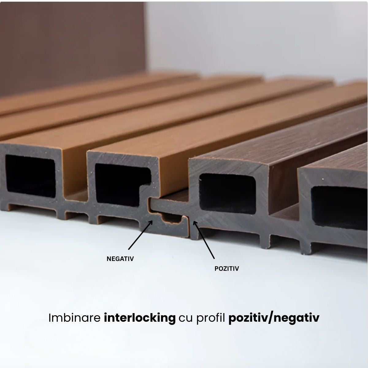 Lambriu decorativ riflaj WPC, pentru exterior, montaj rapid, rezistenta ridicata, Naimeed D7498, 280x14.8x2.1cm, Tec