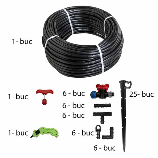 Set irigare + furtun picurare, 16mm, distanta intre picuratori 40 cm 4l/h rola 100m / SET 30054