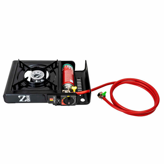 Pachet promo - Aragaz camping, aprindere automata, negru, dubla alimentare + 2 butelii 410ml + kit alimentare butelie / SET 30060