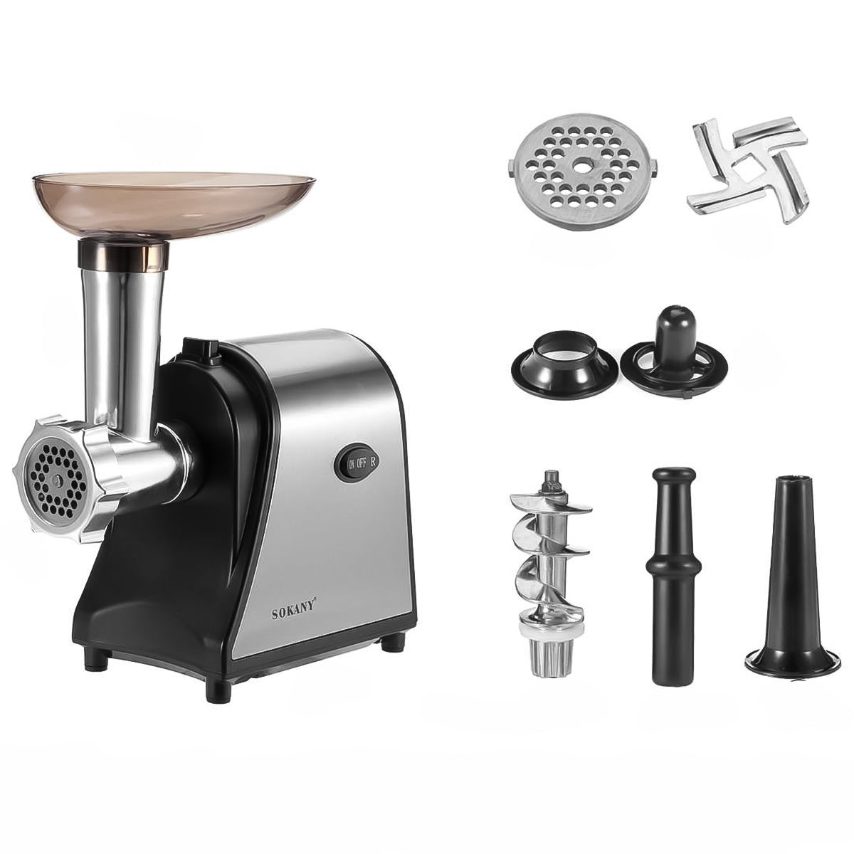 Masina de tocat Sokany SK-093, 1500W, Accesoriu carnati, 2 site, Cutit Inox, Functie Reverse, Negru/Inox