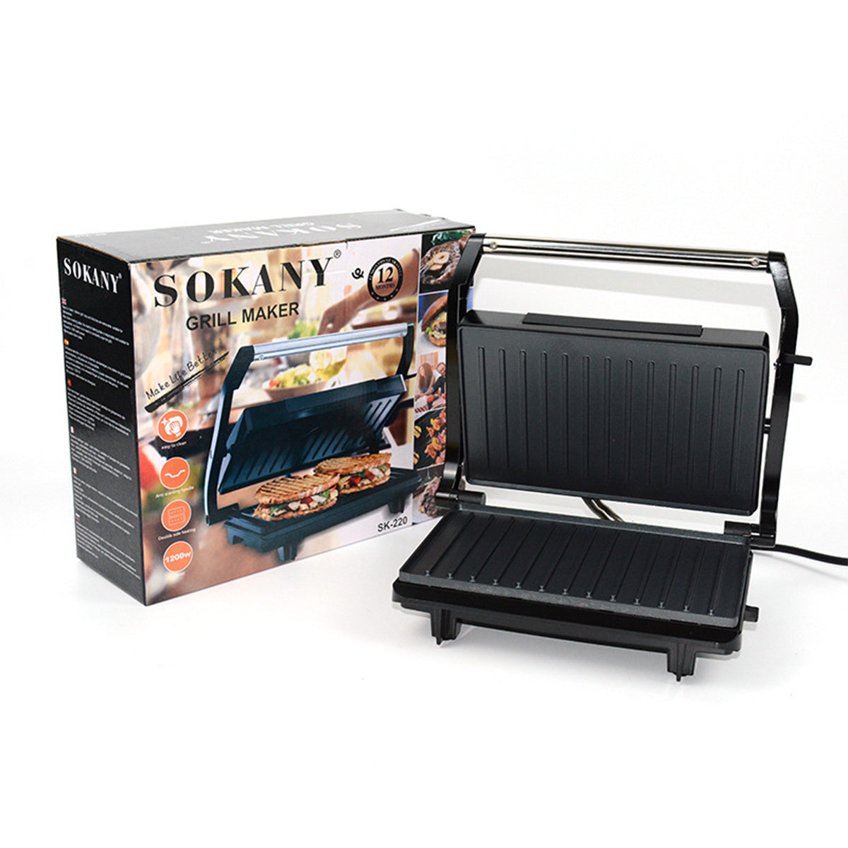Gratar electric Sokany SK-220, 1200 W, placi anti-aderente, Negru