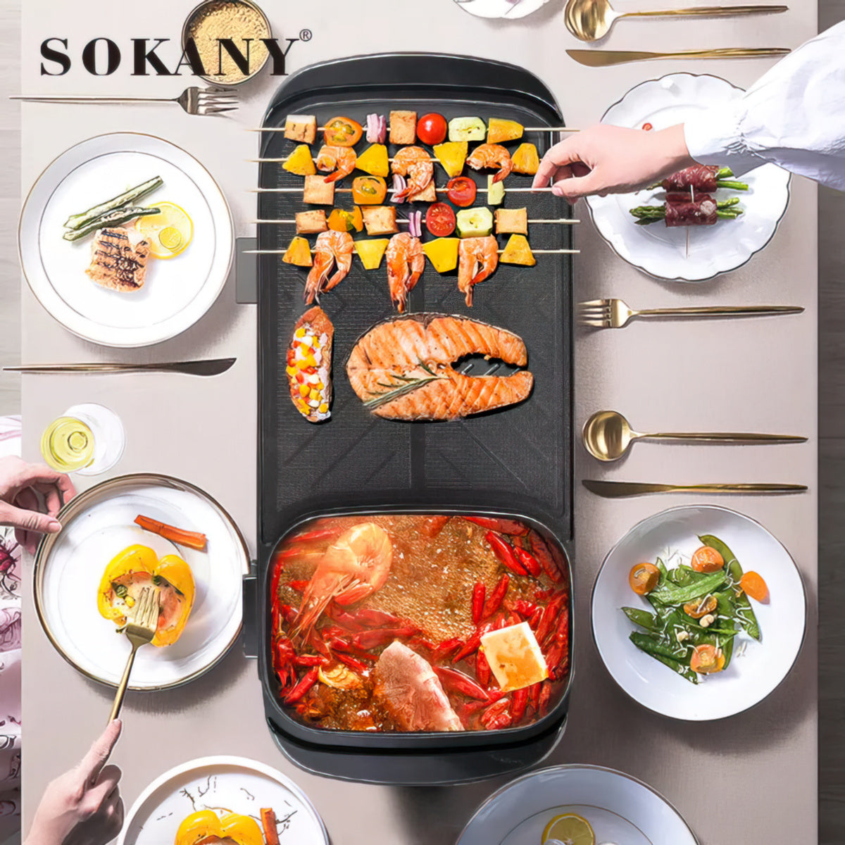Gratar electric Sokany SK-2208, 1350 W, placa anti-aderenta, Negru