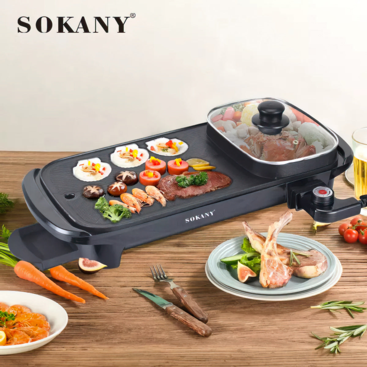 Gratar electric Sokany SK-2208, 1350 W, placa anti-aderenta, Negru