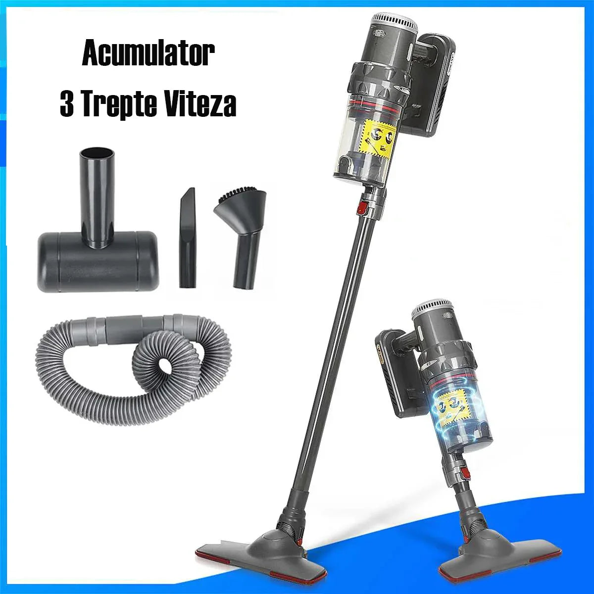 Aspirator vertical, Acumulator, Sokany SK-3377, 1.1 L, autonomie 40 min, accesorii, Gri - 221.ro