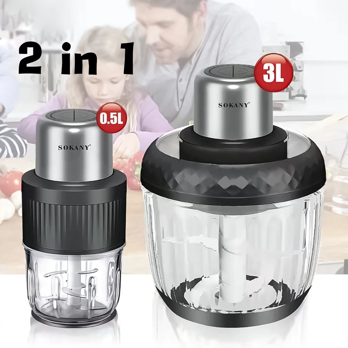Tocator electric 2 in 1, Sokany SK-YM-7032, 4 lame din otel inoxidabil de inalta calitate, motor puternic 800 W, 3L, recipient din Sticla, Negru