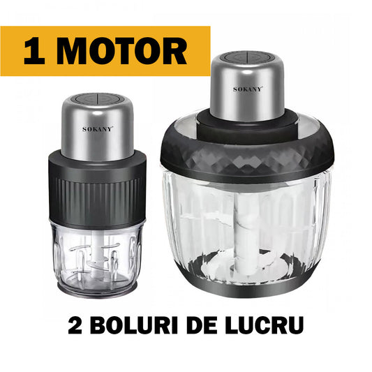 Tocator electric 2 in 1, Sokany SK-YM-7032, 4 lame din otel inoxidabil de inalta calitate, motor puternic 800 W, 3L, recipient din Sticla, Negru