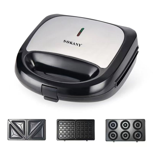 Sandwich maker 3 in 1 Sokany SK-902, 750 W, 3 placi detasabile anti-aderente, Negru/Inox