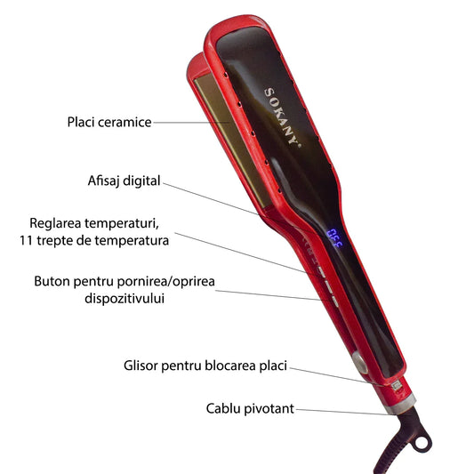 Placa profesionala de indreptat parul Sokany SK-986, 230 grade, invelis ceramic, afisaj digital, Rosu - 221.ro