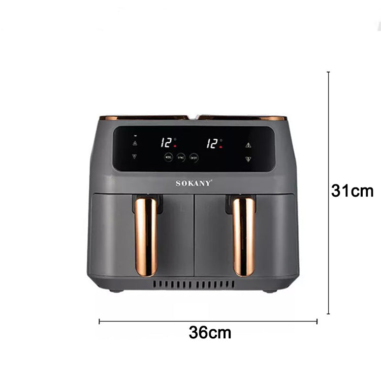 Friteuza fara ulei, Sokany SK-8030, 2 sertare de gatit, 2800W, 8L, Control Temperatura, Gri/Auriu