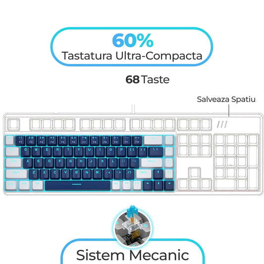Tastatura Mecanica Gaming Timebox, 60%, Lumini LED, 68 taste, cu cablu Type-C, Blue Switch, Portabila, Albastru / Ab - 221.ro