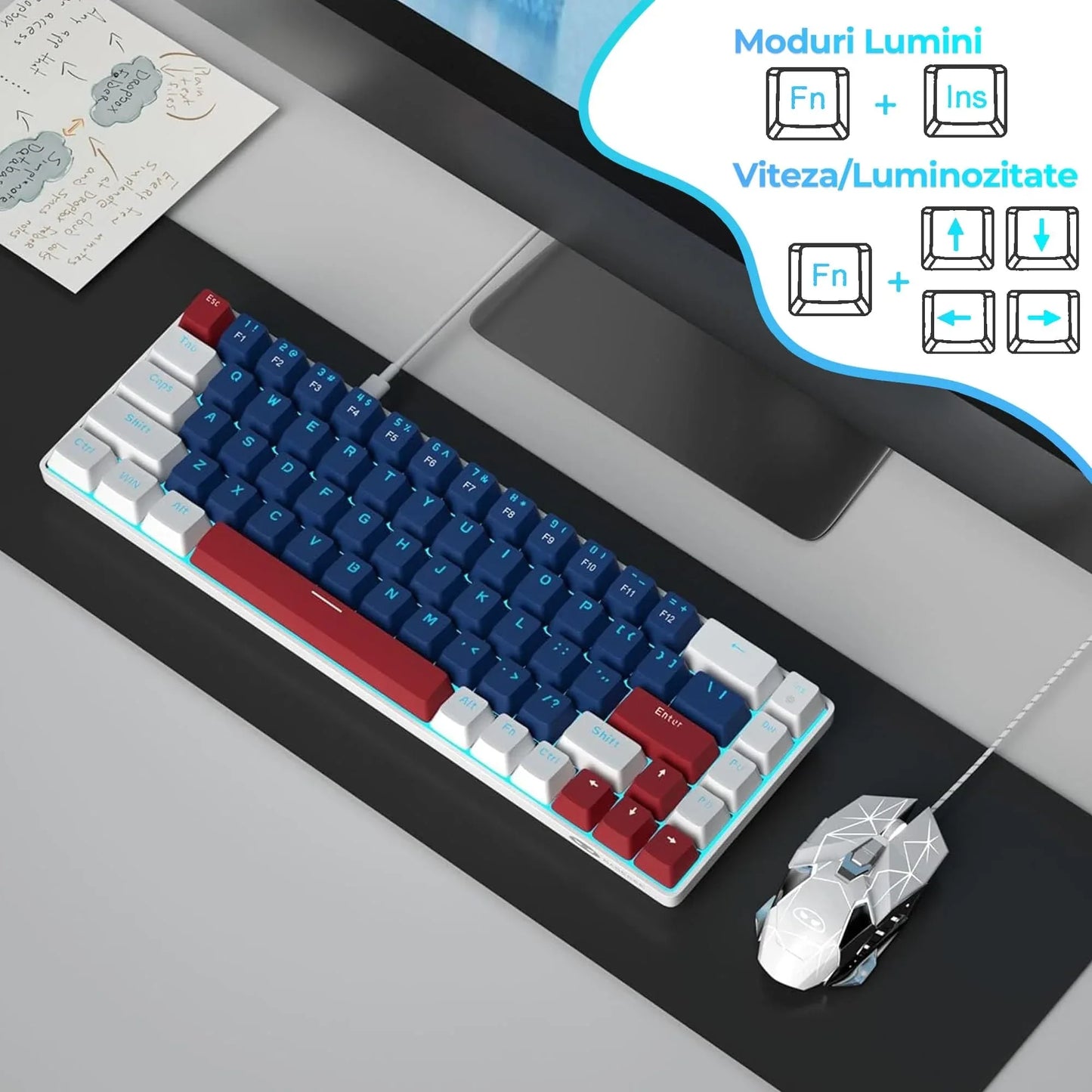 Tastatura Mecanica Gaming Timebox, 60%, Lumini LED, 68 taste, cu cablu Type-C, Blue Switch, Portabila, Albastru / Ab - 221.ro