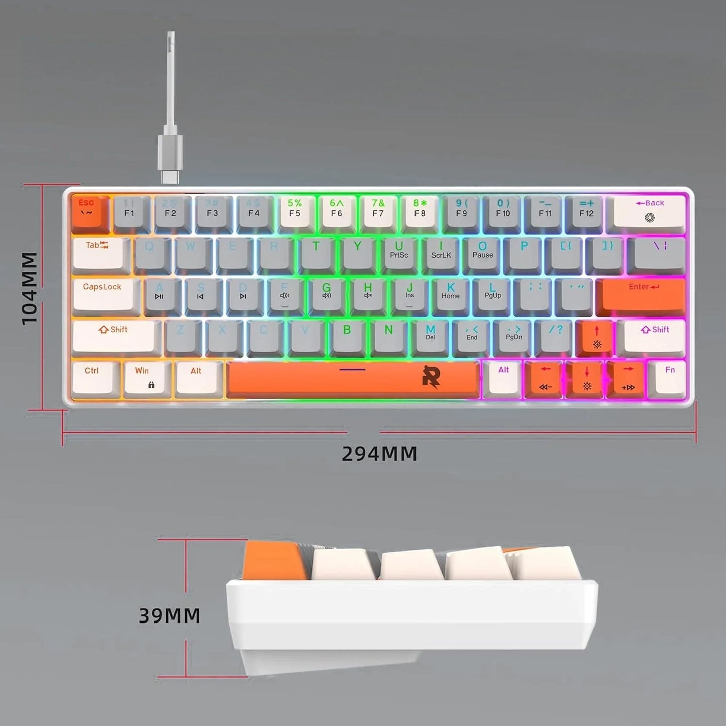 Tastatura Mecanica Gaming Timebox, Red Switch, 60%, Gri / Portocaliu
