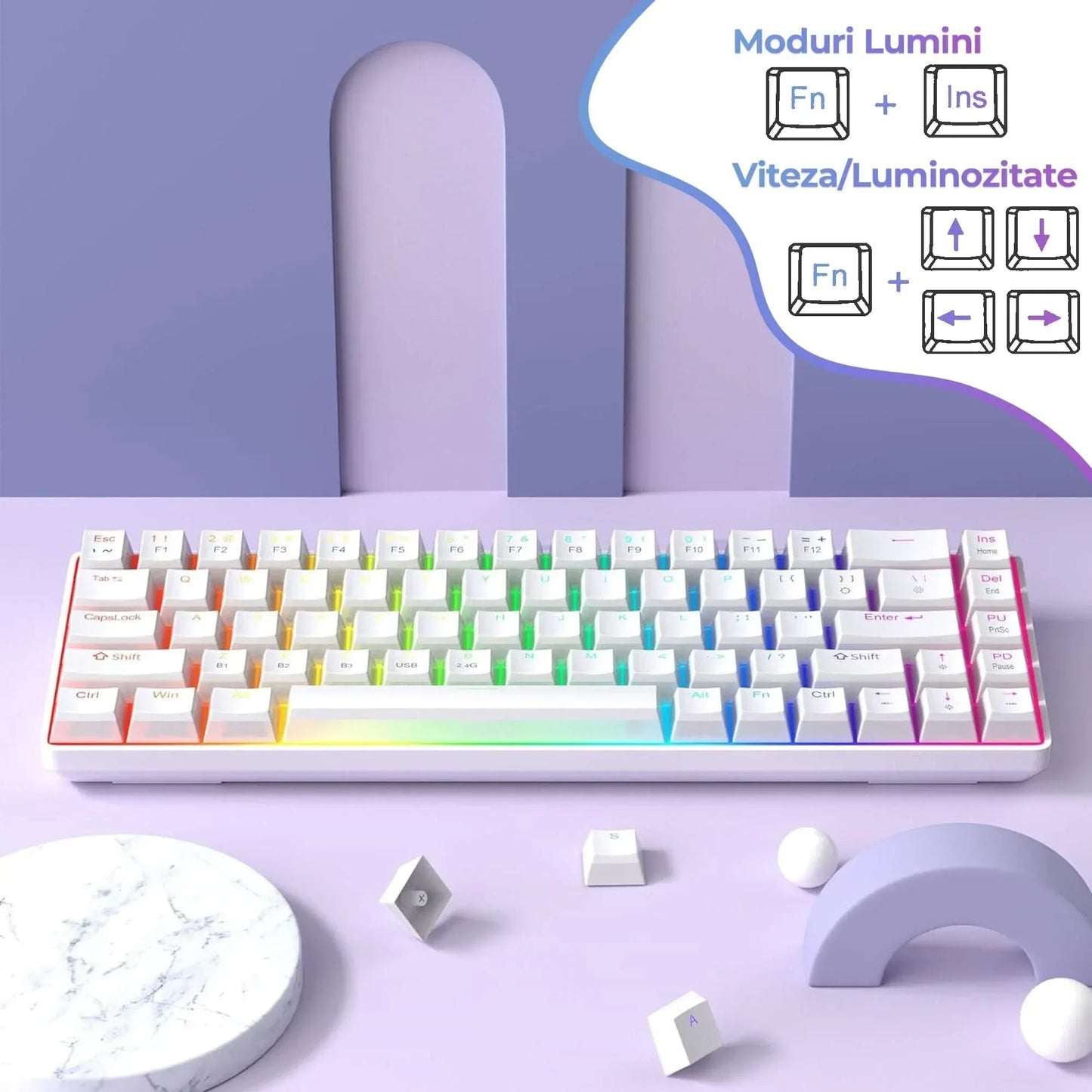 Tastatura Mecanica Gaming Timebox, Wireless, Layout 60%, Lumini LED, 68 taste PBT Pudding Keycaps, Bluetooth, 2,4G, cablu Type-C, Red Swtich, Portabila, Compaatibila Windows, Mac, Alb - 221.ro