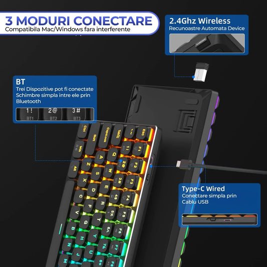 Tastatura Mecanica Gaming Timebox,Wireless, 2,4G, Bluetooth, iluminare RGB, 84 taste Ultra-Slim , cu cablu Type-C, Brown Switch, Baza metalica, Compatibil Windows, Mac, Negru - 221.ro