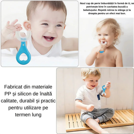 Pachet periute de dinti in forma de U pentru copii, design pentru curatarea dintilor la 360°, varsta intre 2-6 ani, albastru - 221.ro