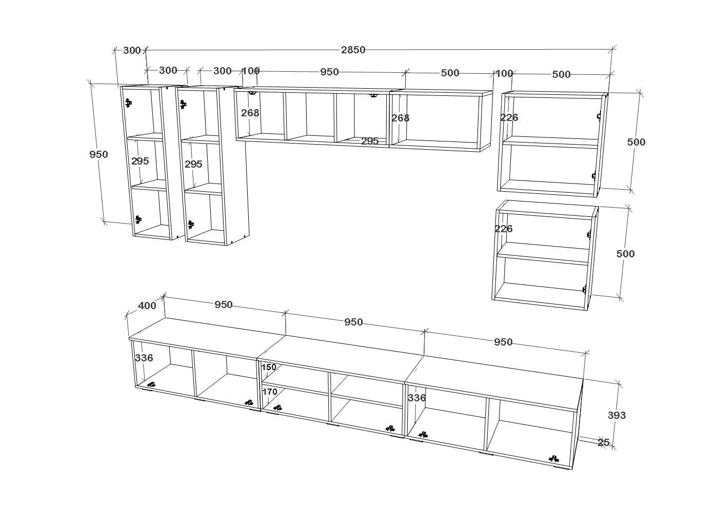 Living Kos haaus V1, Negru/Alb Lucios, MDF, L 285 cm