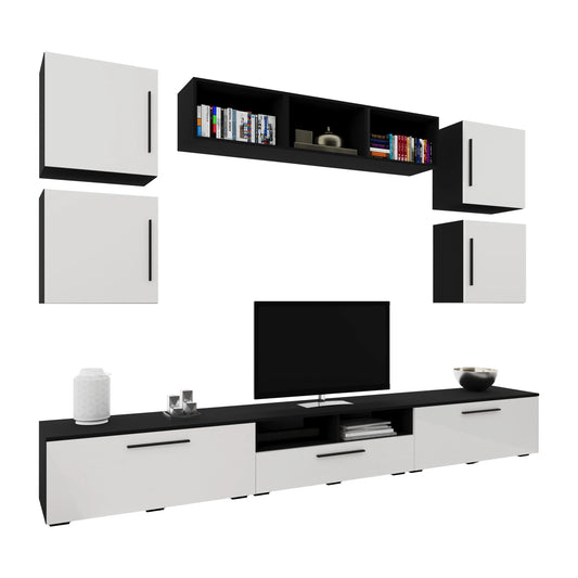 Living Kos haaus V3, Negru/Alb Lucios, MDF, L 285 cm