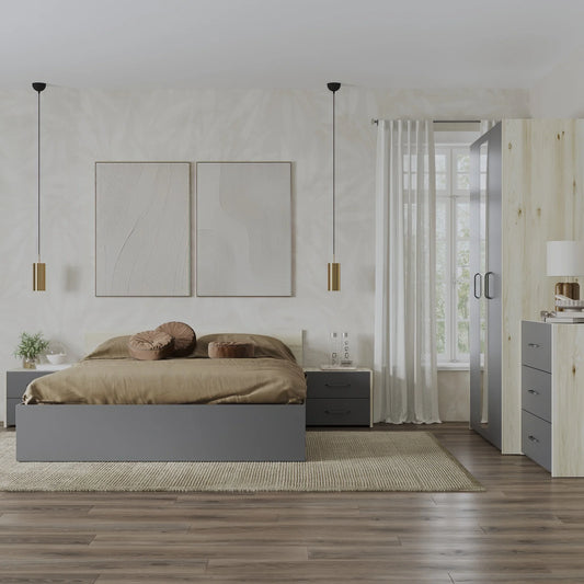 Set dormitor haaus Malmo V4, Pat 200 x 140 cm, Stejar Alb/Antracit