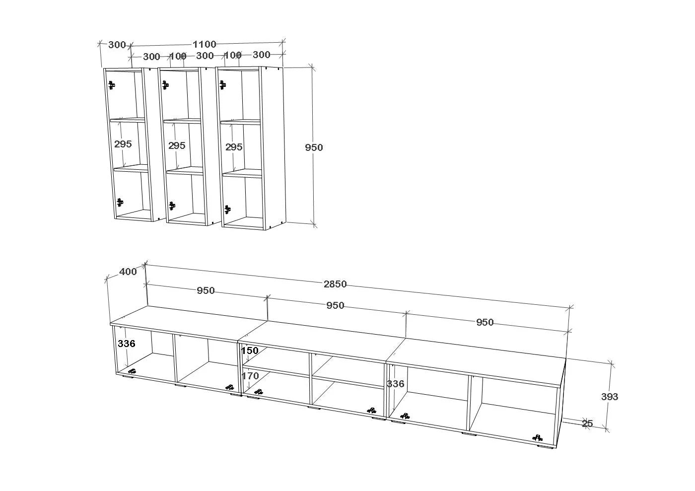 Living Kos haaus V7, Negru/Alb Lucios, MDF, L 285 cm