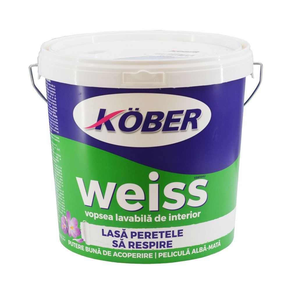 Vopsea lavabila pentru interior, weiss, 8.5L, KOBER / V8611HU-P8.5L