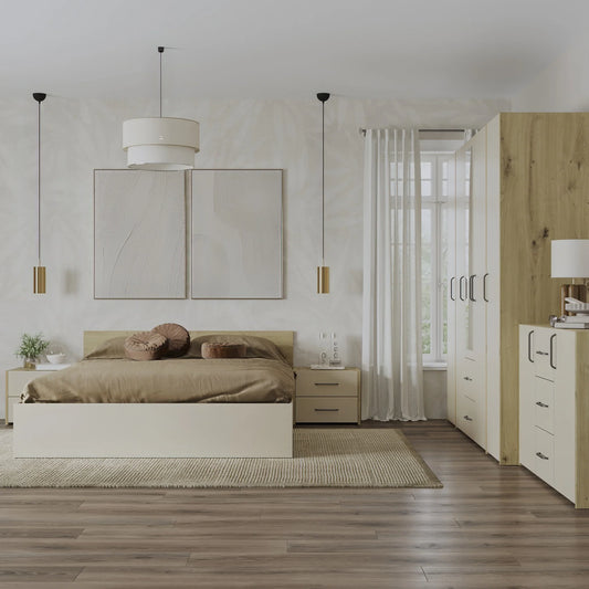 Set dormitor haaus Malmo V9, Pat 200 x 140 cm, Stejar Artisan/Argila
