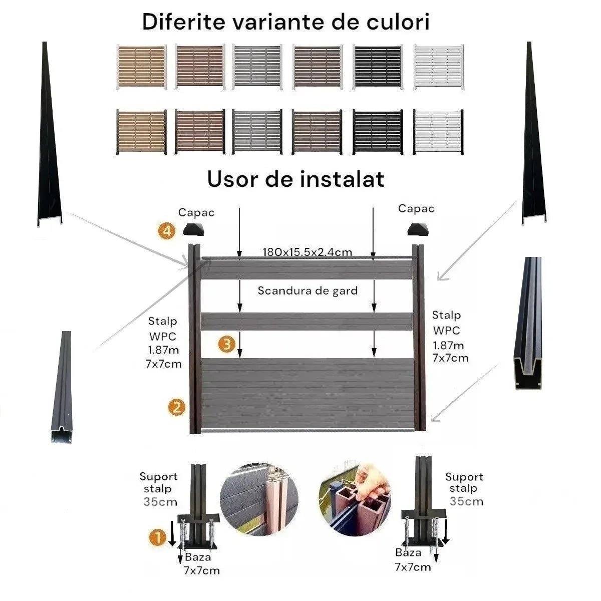 Stalp din Aluminiu pentru Gard, Naimeed D6475, 187x7x7 cm, Negru - 221.ro